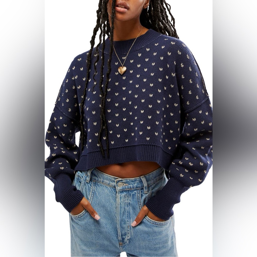 NWT Free People Easy Street Oversize Crop Sweater Navy Combo Medium
